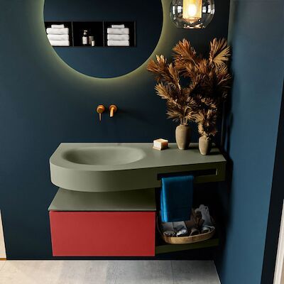 MONDIAZ RIVA 100cm badmeubel onderkast / planchet kleur Fire met 1 lade. Wastafel DULCET links 0 kraangaten kleur Army.