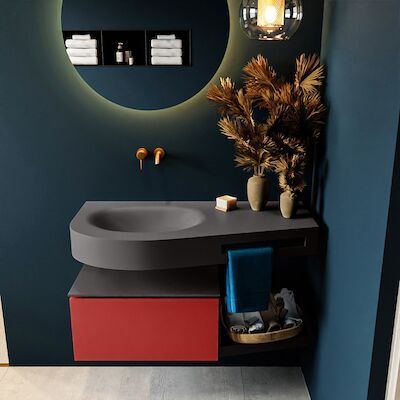 MONDIAZ RIVA 100cm badmeubel onderkast / planchet kleur Fire met 1 lade. Wastafel DULCET links 0 kraangaten kleur Dark_Grey.