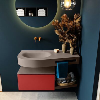 MONDIAZ RIVA 100cm badmeubel onderkast / planchet kleur Fire met 1 lade. Wastafel DULCET links 0 kraangaten kleur Smoke.