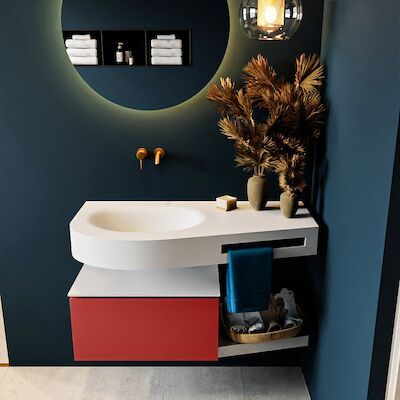MONDIAZ RIVA 100cm badmeubel onderkast / planchet kleur Fire met 1 lade. Wastafel DULCET links 0 kraangaten kleur Talc.