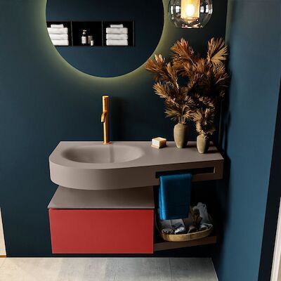MONDIAZ RIVA 100cm badmeubel onderkast / planchet kleur Fire met 1 lade. Wastafel DULCET links 1 kraangat kleur Smoke.