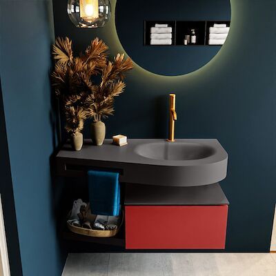 MONDIAZ RIVA 100cm badmeubel onderkast / planchet kleur Fire met 1 lade. Wastafel DULCET rechts 1 kraangat kleur Dark_Grey.