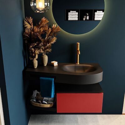 MONDIAZ RIVA 100cm badmeubel onderkast / planchet kleur Fire met 1 lade. Wastafel DULCET rechts 1 kraangat kleur Urban.