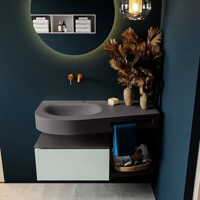 MONDIAZ RIVA 100cm badmeubel onderkast / planchet kleur Greey met 1 lade. Wastafel DULCET links 0 kraangaten kleur Dark_Grey.