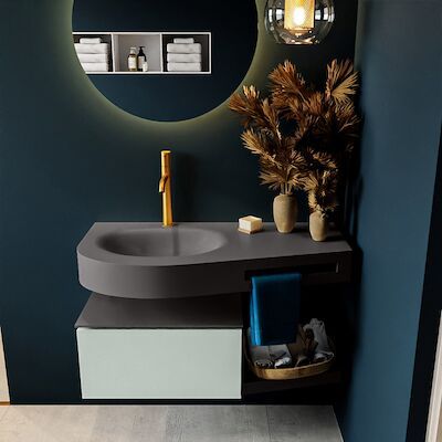 MONDIAZ RIVA 100cm badmeubel onderkast / planchet kleur Greey met 1 lade. Wastafel DULCET links 1 kraangat kleur Dark_Grey.