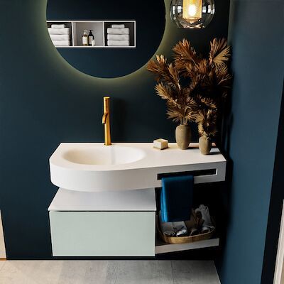 MONDIAZ RIVA 100cm badmeubel onderkast / planchet kleur Greey met 1 lade. Wastafel DULCET links 1 kraangat kleur Talc.