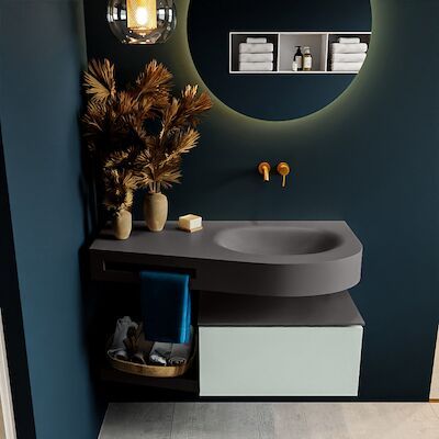 MONDIAZ RIVA 100cm badmeubel onderkast / planchet kleur Greey met 1 lade. Wastafel DULCET rechts 0 kraangaten kleur Dark_Grey.