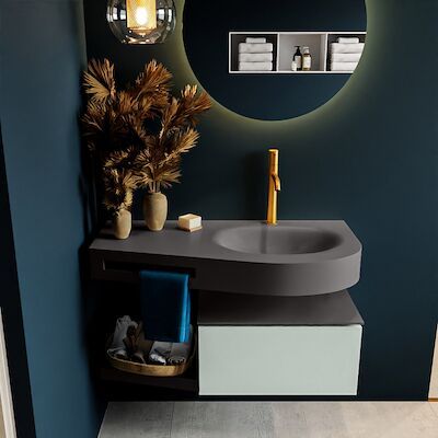 MONDIAZ RIVA 100cm badmeubel onderkast / planchet kleur Greey met 1 lade. Wastafel DULCET rechts 1 kraangat kleur Dark_Grey.