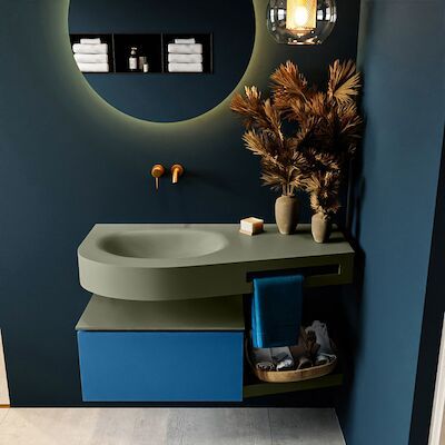 MONDIAZ RIVA 100cm badmeubel onderkast / planchet kleur Jeans met 1 lade. Wastafel DULCET links 0 kraangaten kleur Army.