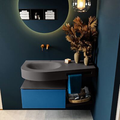 MONDIAZ RIVA 100cm badmeubel onderkast / planchet kleur Jeans met 1 lade. Wastafel DULCET links 0 kraangaten kleur Dark_Grey.