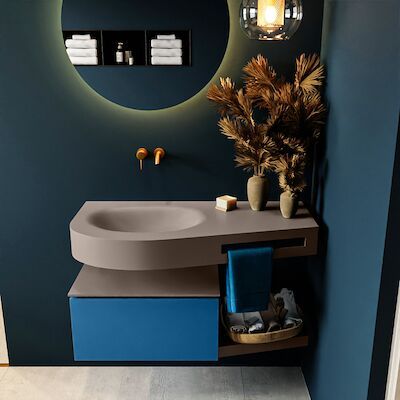 MONDIAZ RIVA 100cm badmeubel onderkast / planchet kleur Jeans met 1 lade. Wastafel DULCET links 0 kraangaten kleur Smoke.