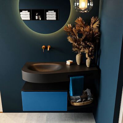 MONDIAZ RIVA 100cm badmeubel onderkast / planchet kleur Jeans met 1 lade. Wastafel DULCET links 0 kraangaten kleur Urban.