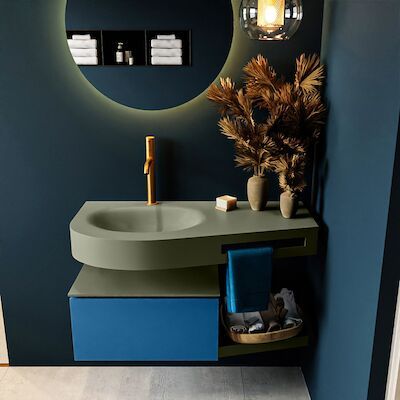 MONDIAZ RIVA 100cm badmeubel onderkast / planchet kleur Jeans met 1 lade. Wastafel DULCET links 1 kraangat kleur Army.