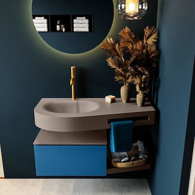 MONDIAZ RIVA 100cm badmeubel onderkast / planchet kleur Jeans met 1 lade. Wastafel DULCET links 1 kraangat kleur Smoke.