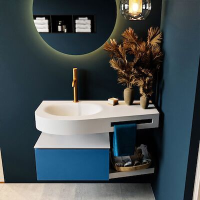 MONDIAZ RIVA 100cm badmeubel onderkast / planchet kleur Jeans met 1 lade. Wastafel DULCET links 1 kraangat kleur Talc.