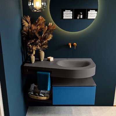 MONDIAZ RIVA 100cm badmeubel onderkast / planchet kleur Jeans met 1 lade. Wastafel DULCET rechts 0 kraangaten kleur Dark_Grey.