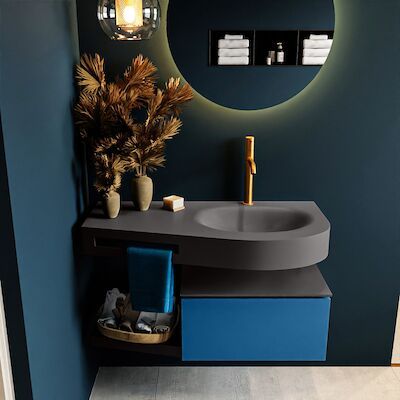MONDIAZ RIVA 100cm badmeubel onderkast / planchet kleur Jeans met 1 lade. Wastafel DULCET rechts 1 kraangat kleur Dark_Grey.