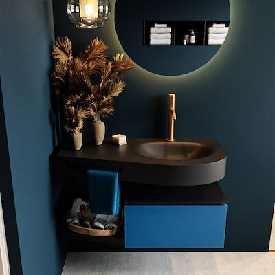 MONDIAZ RIVA 100cm badmeubel onderkast / planchet kleur Jeans met 1 lade. Wastafel DULCET rechts 1 kraangat kleur Urban.