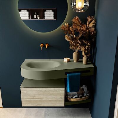 MONDIAZ RIVA 100cm badmeubel onderkast / planchet kleur Light_Brown_Grey met 1 lade. Wastafel DULCET links 0 kraangaten kleur Army.