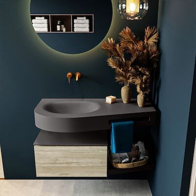 MONDIAZ RIVA 100cm badmeubel onderkast / planchet kleur Light_Brown_Grey met 1 lade. Wastafel DULCET links 0 kraangaten kleur Dark_Grey.
