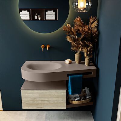 MONDIAZ RIVA 100cm badmeubel onderkast / planchet kleur Light_Brown_Grey met 1 lade. Wastafel DULCET links 0 kraangaten kleur Smoke.