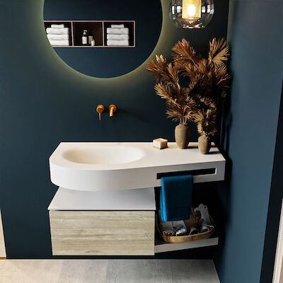 MONDIAZ RIVA 100cm badmeubel onderkast / planchet kleur Light_Brown_Grey met 1 lade. Wastafel DULCET links 0 kraangaten kleur Talc.