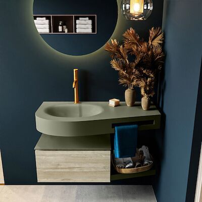 MONDIAZ RIVA 100cm badmeubel onderkast / planchet kleur Light_Brown_Grey met 1 lade. Wastafel DULCET links 1 kraangat kleur Army.