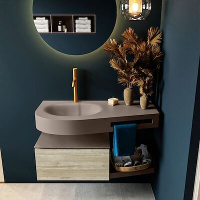MONDIAZ RIVA 100cm badmeubel onderkast / planchet kleur Light_Brown_Grey met 1 lade. Wastafel DULCET links 1 kraangat kleur Smoke.