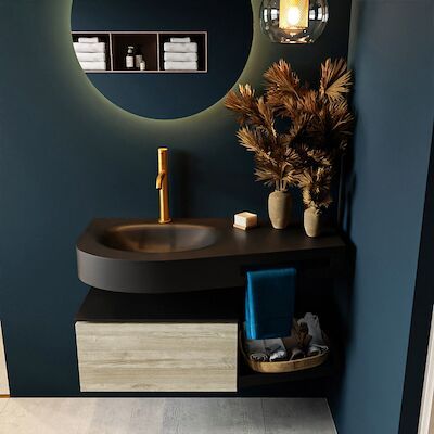 MONDIAZ RIVA 100cm badmeubel onderkast / planchet kleur Light_Brown_Grey met 1 lade. Wastafel DULCET links 1 kraangat kleur Urban.