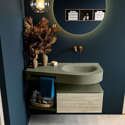 MONDIAZ RIVA 100cm badmeubel onderkast / planchet kleur Light_Brown_Grey met 1 lade. Wastafel DULCET rechts 0 kraangaten kleur Army.