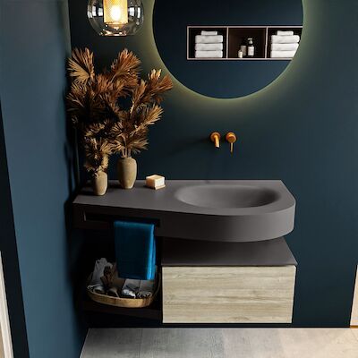 MONDIAZ RIVA 100cm badmeubel onderkast / planchet kleur Light_Brown_Grey met 1 lade. Wastafel DULCET rechts 0 kraangaten kleur Dark_Grey.