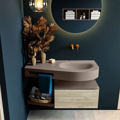 MONDIAZ RIVA 100cm badmeubel onderkast / planchet kleur Light_Brown_Grey met 1 lade. Wastafel DULCET rechts 0 kraangaten kleur Smoke.