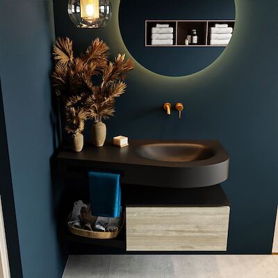 MONDIAZ RIVA 100cm badmeubel onderkast / planchet kleur Light_Brown_Grey met 1 lade. Wastafel DULCET rechts 0 kraangaten kleur Urban.
