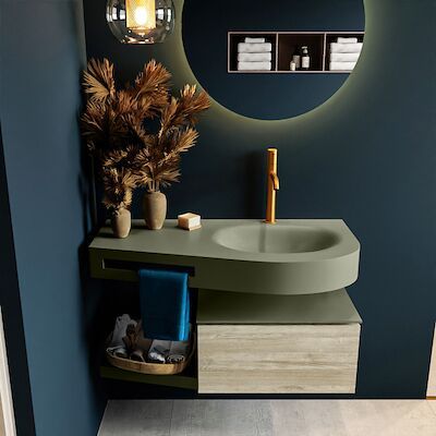 MONDIAZ RIVA 100cm badmeubel onderkast / planchet kleur Light_Brown_Grey met 1 lade. Wastafel DULCET rechts 1 kraangat kleur Army.