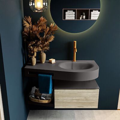 MONDIAZ RIVA 100cm badmeubel onderkast / planchet kleur Light_Brown_Grey met 1 lade. Wastafel DULCET rechts 1 kraangat kleur Dark_Grey.