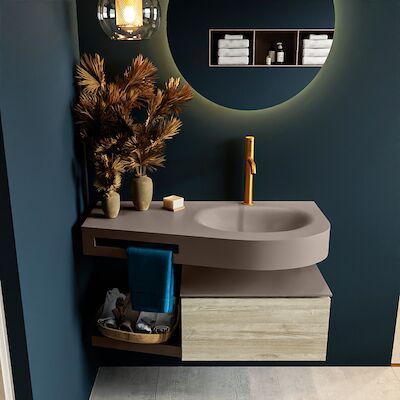 MONDIAZ RIVA 100cm badmeubel onderkast / planchet kleur Light_Brown_Grey met 1 lade. Wastafel DULCET rechts 1 kraangat kleur Smoke.