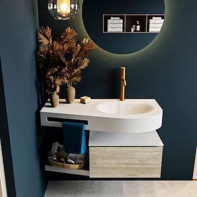 MONDIAZ RIVA 100cm badmeubel onderkast / planchet kleur Light_Brown_Grey met 1 lade. Wastafel DULCET rechts 1 kraangat kleur Talc.