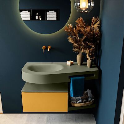 MONDIAZ RIVA 100cm badmeubel onderkast / planchet kleur Ocher met 1 lade. Wastafel DULCET links 0 kraangaten kleur Army.