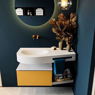 MONDIAZ RIVA 100cm badmeubel onderkast / planchet kleur Ocher met 1 lade. Wastafel DULCET links 0 kraangaten kleur Talc.