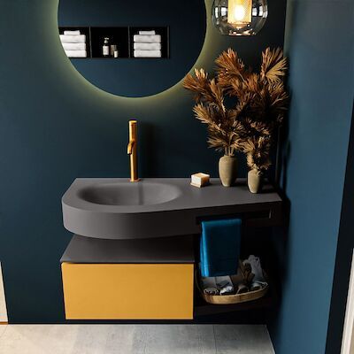 MONDIAZ RIVA 100cm badmeubel onderkast / planchet kleur Ocher met 1 lade. Wastafel DULCET links 1 kraangat kleur Dark_Grey.