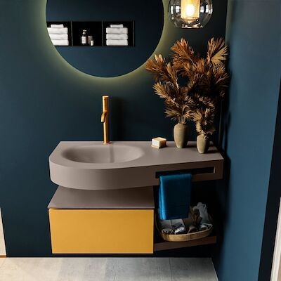 MONDIAZ RIVA 100cm badmeubel onderkast / planchet kleur Ocher met 1 lade. Wastafel DULCET links 1 kraangat kleur Smoke.