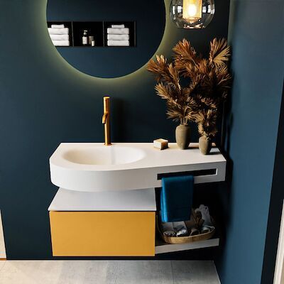 MONDIAZ RIVA 100cm badmeubel onderkast / planchet kleur Ocher met 1 lade. Wastafel DULCET links 1 kraangat kleur Talc.