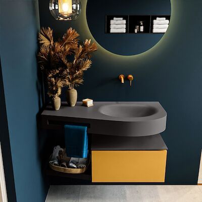 MONDIAZ RIVA 100cm badmeubel onderkast / planchet kleur Ocher met 1 lade. Wastafel DULCET rechts 0 kraangaten kleur Dark_Grey.