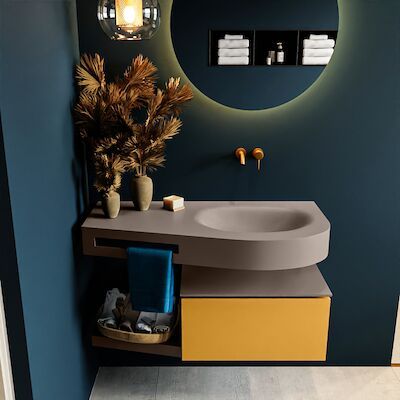 MONDIAZ RIVA 100cm badmeubel onderkast / planchet kleur Ocher met 1 lade. Wastafel DULCET rechts 0 kraangaten kleur Smoke.