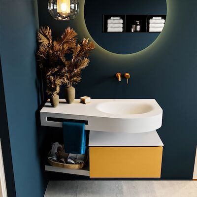 MONDIAZ RIVA 100cm badmeubel onderkast / planchet kleur Ocher met 1 lade. Wastafel DULCET rechts 0 kraangaten kleur Talc.