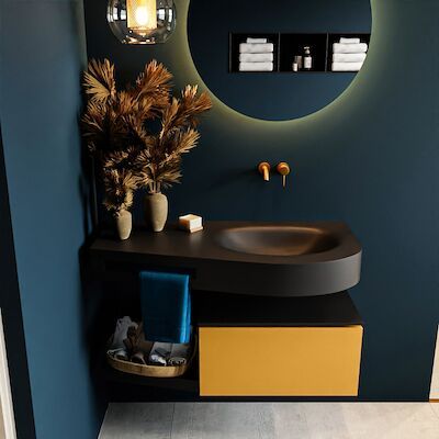 MONDIAZ RIVA 100cm badmeubel onderkast / planchet kleur Ocher met 1 lade. Wastafel DULCET rechts 0 kraangaten kleur Urban.
