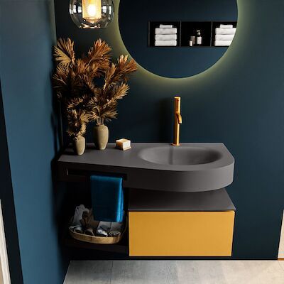 MONDIAZ RIVA 100cm badmeubel onderkast / planchet kleur Ocher met 1 lade. Wastafel DULCET rechts 1 kraangat kleur Dark_Grey.