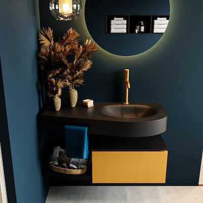 MONDIAZ RIVA 100cm badmeubel onderkast / planchet kleur Ocher met 1 lade. Wastafel DULCET rechts 1 kraangat kleur Urban.