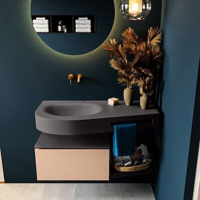 MONDIAZ RIVA 100cm badmeubel onderkast / planchet kleur Rosee met 1 lade. Wastafel DULCET links 0 kraangaten kleur Dark_Grey.