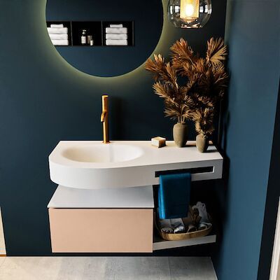 MONDIAZ RIVA 100cm badmeubel onderkast / planchet kleur Rosee met 1 lade. Wastafel DULCET links 1 kraangat kleur Talc.